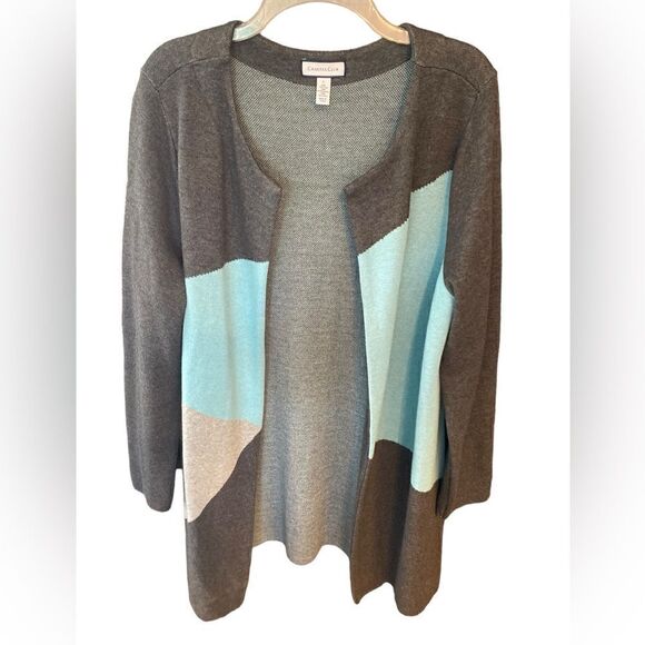 Charter Club Sz L Gray Turquoise Colorblock Long Duster Cardigan Sweater - Picture 2 of 7